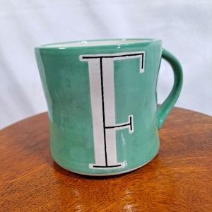 Anthropologie Hand Painted Mia Monogram F Mint Green Coffee Cup